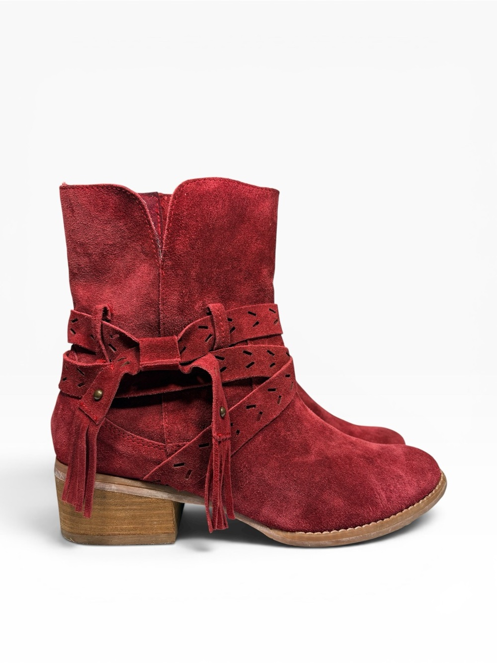 Naughty Monkey red leather suede fringed side zip boots block heel 9